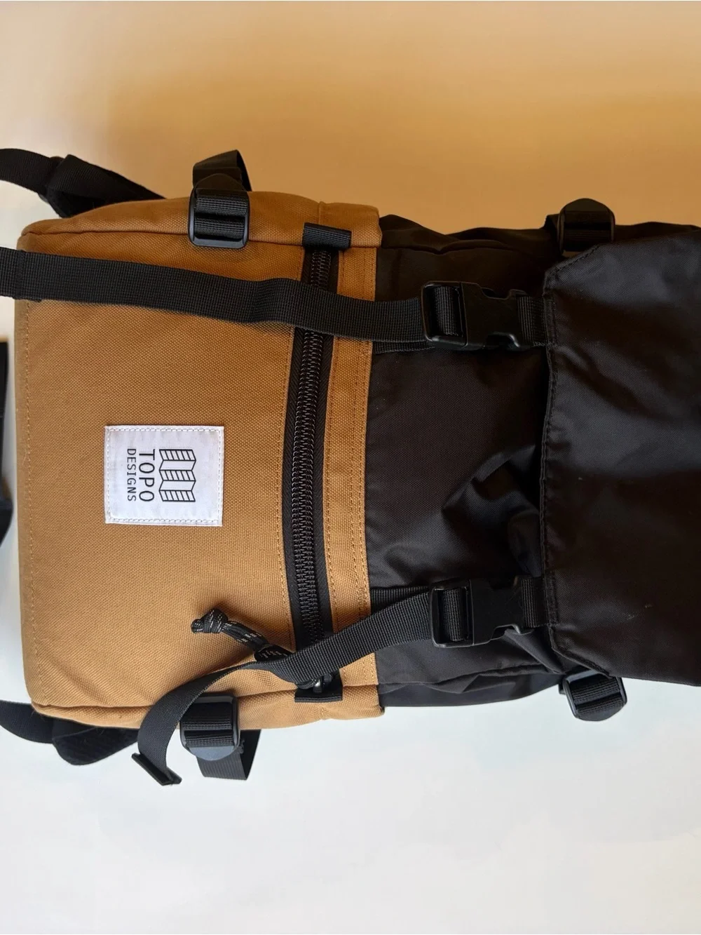 Topo Designs Black and Tan Two-Tone Roll-Top Backpack